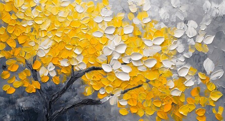 Hand Painted Oil Autumn Tree. Autumn Tree with Falling Leaves Romantic Landscape. Vivid Yellow Orange Black Painted Park Scenery. Minimal Textured Oil Painting. Serene Falling Leaves Forest Canvas.