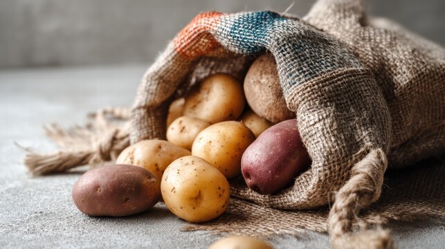 A burlap sack overflows with various types of fresh potatoes, including red and yellow varieties, set on a rustic wooden surface, highlighting their natural textures - Powered by Adobe