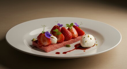 Elegant Strawberry Dessert Fresh Strawberries, Creamy Topping, and Delicate Garnish on a Pink Base