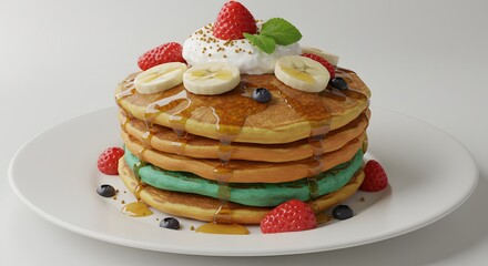 Delicious Rainbow Pancakes Stack A Culinary Delight of Colorful Buttermilk Pancakes Topped with Fresh Berries, Bananas, and Whipped Cream