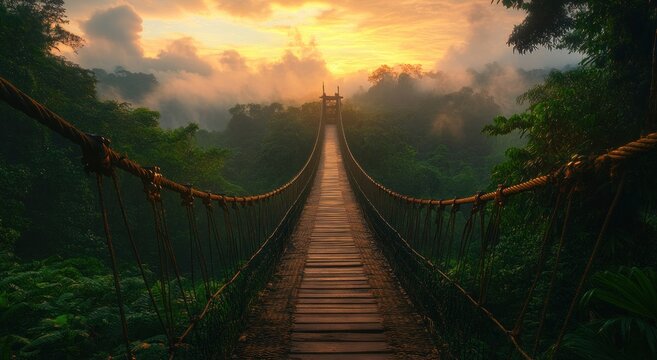 Fototapeta Jungle rope bridge sunrise mist travel adventure