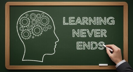 Learning never ends concept on chalkboard with gears and hand writing