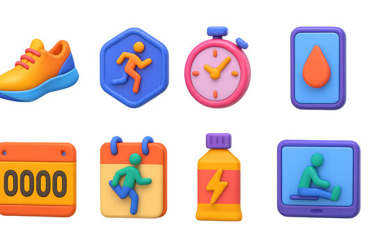 3D icon set of running and jogging tools: running shoes icon, distance tracker badge, pace stopwatch, water station app, marathon bib number, warm-up routine guide, energy gel pack, recovery stretch