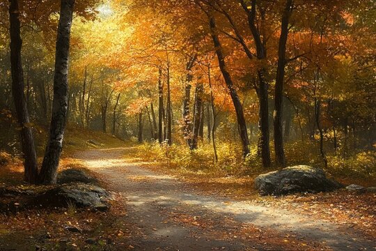 A winding forest path bathed in warm golden sunlight surrounded by tall trees with vibrant autumn orange and yellow leaves and scattered fallen foliage on the ground