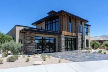 Fototapeta premium Modern desert home features sleek architecture, abundant natural light, and landscaped surroundings under a bright blue sky in a tranquil residential neighborhood