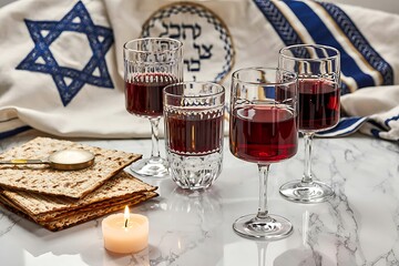 Traditional Passover Seder Table Setting with Four Cups of Red Wine, Matzah, Lit Candle on Marble Surface Featuring Blue and White Tallit with Hebrew Inscriptions Symbolizing Jewish Heritage and Faith