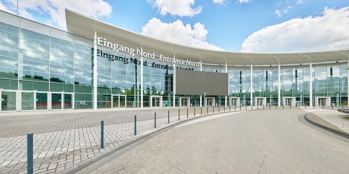 Cologne, Germany May 06 2025: wide-angle shot of the Congress-Centrum Nord Koelnmesse in Cologne Deutz on a sunny day with clouds