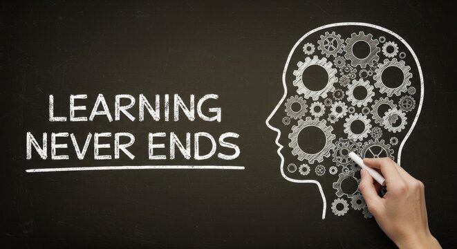 Learning never ends creative concept with gears inside human head drawing