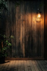 Wooden wall and floor with lamp in dark room with plants.