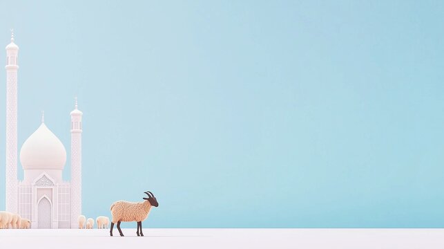 A grazing goat silhouette in matte black, placed low on the canvas. The mosque is a flat, abstract skyline in soft lavender, with Eid al-Adha elements (simplified sheep icons, dotted borders) as fain