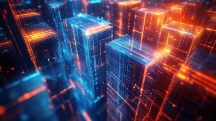 Naklejka premium Futuristic digital cityscape with glowing blue and orange neon lights depicting modern skyscrapers and intricate circuit-like patterns, evoking a high-tech atmosphere