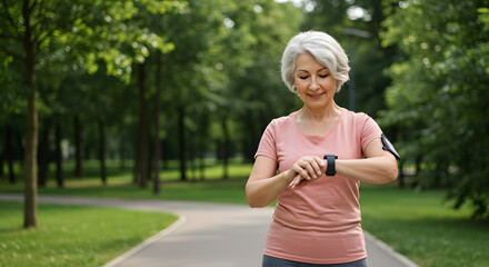 Senior woman using a smartwatch to monitor her heart rate during a walk