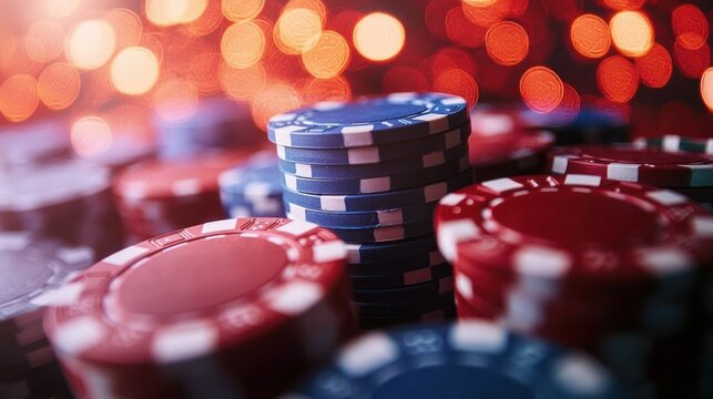 Close-up view of stacked blue and red poker chips with a glowing warm bokeh background creating a vibrant and energetic atmosphere