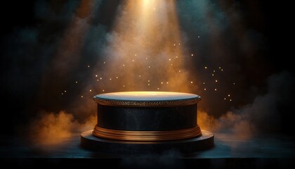 Illuminated empty round black and gold pedestal surrounded by mist and glowing golden particles in spotlight