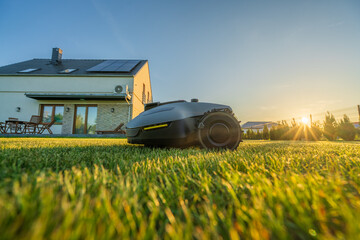 Robotic lawn mower on grass, side view with sunset flare