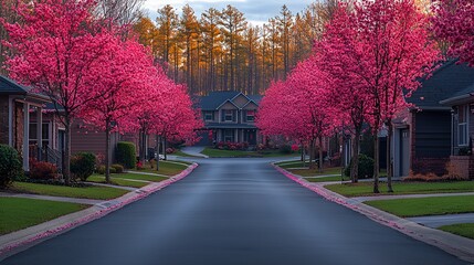 Obraz premium Pink trees line a residential street.
