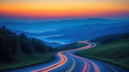 Naklejka premium Curving mountain road at sunset with colorful light trails and layers of blue foggy ridges under a vibrant orange sky creating a peaceful and serene atmosphere