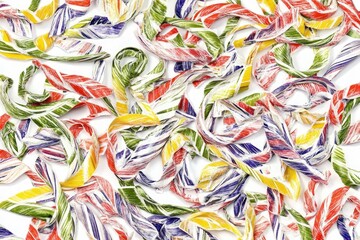 Colorful pasta ribbons scattered on a white background.  A vibrant array of multicolored, striped pasta shapes in various shades of red, yellow, green, and purple. 