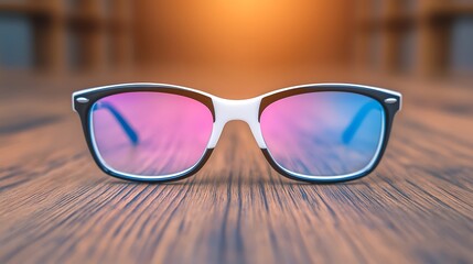 Stylish sunglasses with vibrant lenses placed on a wooden table, creating a warm ambiance
