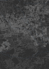 Detailed vector map of roads, waterways and buildings in coimbatore, india with a dark theme.