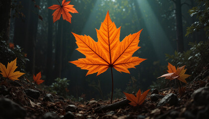 Orange maple leaf in forest with sunlight beams