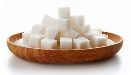 heap of sugar cubes in wooden plate on a white background isolated