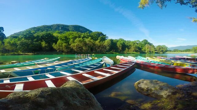 Colorful boats resting on the tampan river in tamul, san luis potosi
