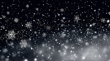 A serene winter scene featuring falling snowflakes against a dark background.