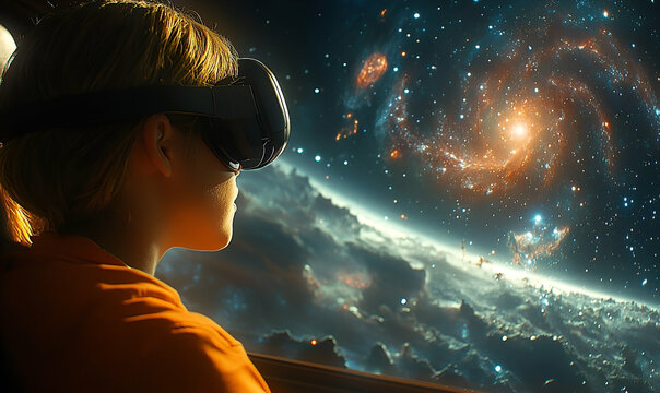 Young Woman Experiencing Virtual Reality Space Exploration - Powered by Adobe