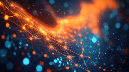 Obraz premium Abstract digital visualization of interconnected glowing orange nodes and lines forming a dynamic network over a dark blue background with scattered light particles