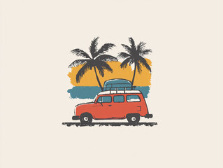 Retro Car Beach Adventure Surfboard Sunset Travel Tropical Getaway Expedition Coastal Nature Scenic Roadtrip Journey Colorful Vehicle Scenic Tourism Summer Sunlight Freedom Fun Relaxation