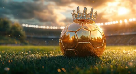 Golden soccer ball placed on grass in a stadium during sunset with a jeweled crown resting on top, symbolizing victory and prestige in sports