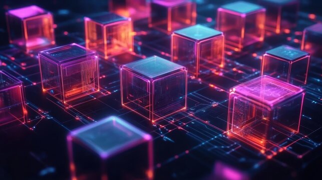 Close-up view of glowing translucent cubes interconnected by neon circuit lines in a futuristic digital grid emitting purple and orange light