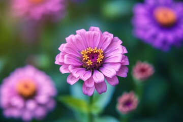Close-up of vibrant pink flower with yellow center in a garden with blurred purple and pink flowers in the background