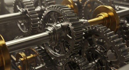 Close up view of intricate metal gears and shafts with a golden accent in a complex mechanism