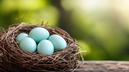 Obraz premium A beautifully arranged nest filled with blue eggs quietly rests in nature, symbolizing new beginnings, life, and the delicate beauty found in the natural world around us.