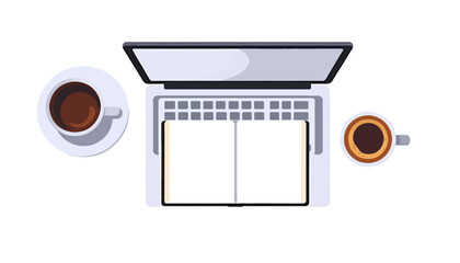 Workspace_with_Laptop_Notebook_and_Coffee_Cups_Overhead_View_Freelance_Work_Remote_Office_Concept_Minimalist_Design_for_Productivity_and_Focus