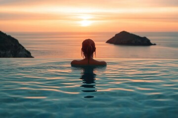 Person relaxing in an infinity pool during sunset overlooking calm ocean waters and distant small islands with a serene and peaceful atmosphere
