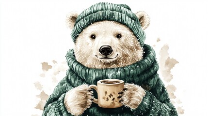 Adorable Watercolor Illustration of a Cute Polar Bear in Green Forest