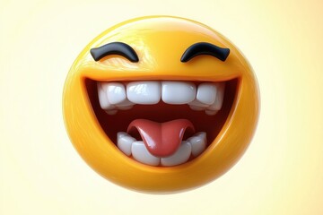 Fototapeta premium 3d rendered shiny yellow smiley face emoji with raised eyebrows laughing and sticking out tongue expressing playful joy