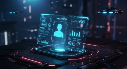 Futuristic user interface displaying profile information in a dark city environment scene