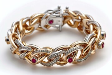 Fototapeta premium A luxurious bracelet made from intertwined gold and platinum, with small rubies embedded between the links 