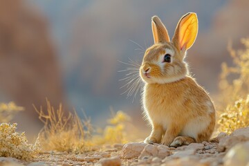 Naklejka premium Desert rabbit, sunrise, rocky landscape, wildlife