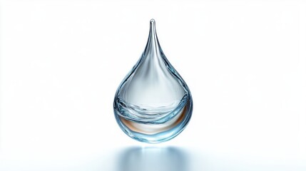 Single translucent water droplet suspended with swirling water inside on a clean white background