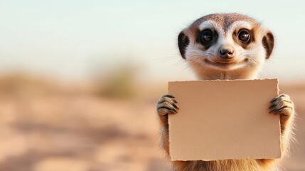 A charming meerkat holds a blank sign, with a soft background, radiating curiosity and playfulness. This conveys the joy and innocence found in nature and wildlife photography.