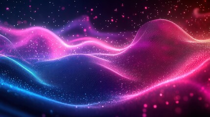 Obraz premium Abstract flowing waves of vibrant pink, purple, and blue lights with glowing particles creating a dynamic and futuristic digital landscape