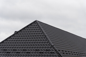 Dark tiled roof structures showcase contemporary design, set against an overcast sky in a suburban area, emphasizing the aesthetic
