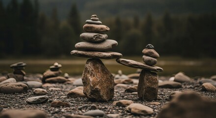 Stone cairns balancing on a rocky ground with a blurred forest background in a tranquil setting