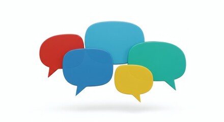 Colorful speech bubbles in red blue green and yellow floating on a plain white background design element