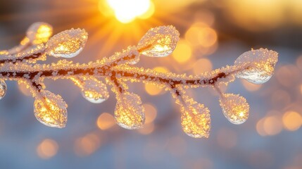 Frosty branch at sunset, winter bokeh background